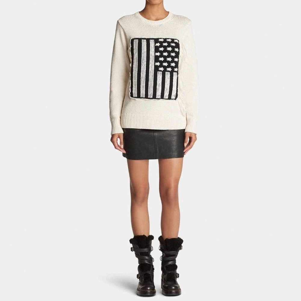 Rare Coach Intarsia Flag Sweater Cream Black Fringe Detail Cotton Blend XXS